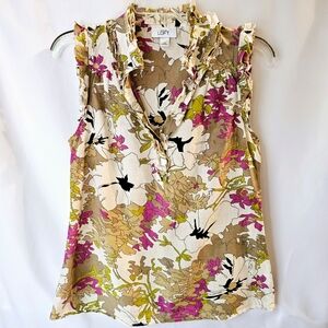 LOFT Pink Floral Silk Blend Sleeveless Top – Ruffle Neck Size XS